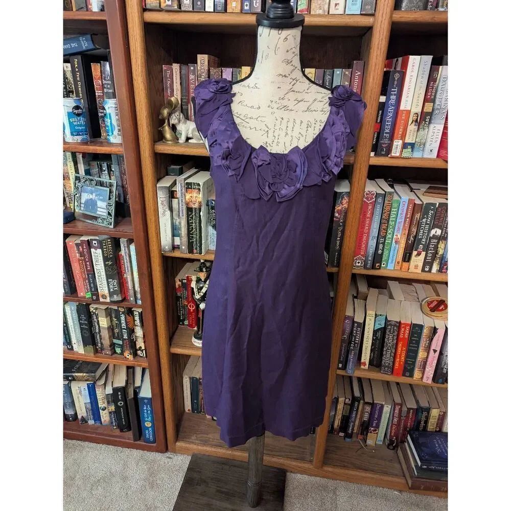 Baraschi Women's Size 6 Purple Floral Embroidered Neckline Midi Dress Sleeveless